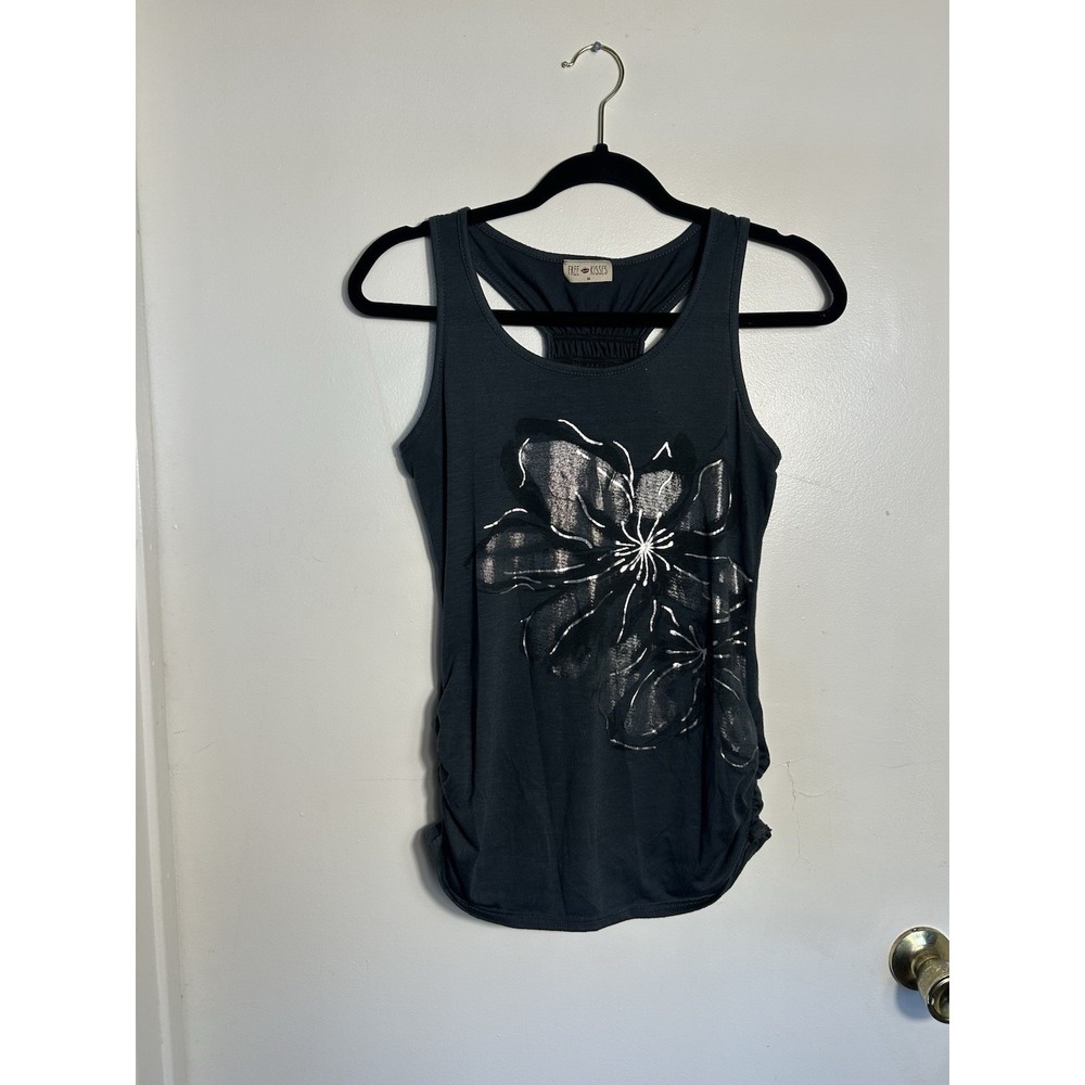 Free Kisses Tank Top Medium Dark Gray Silver Metallic Flower Racerback Ruched
